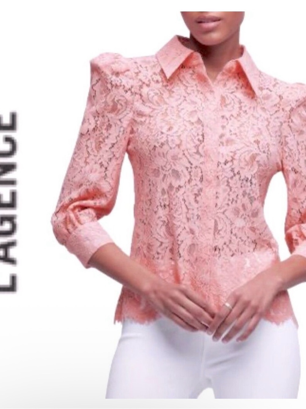 L'AGENCE Pink Lace Button-Front Blouse